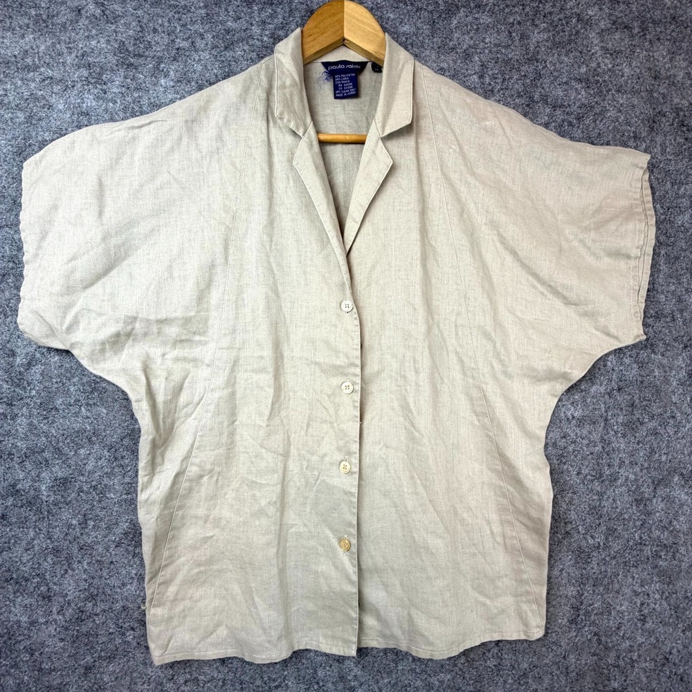 Vintage‎ Paula Saker Shirt Womens 14 Beige Dolman Retro Camp Collar Button Front